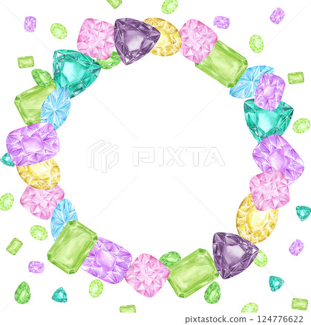 Hand drawn watercolor gemstones wreath frame border isolated on white background. Can be used for cards, scrapbook and other printed products. Hand drawn watercolor gemstones wreath frame border isolated on white background. Can be used for cards, scrapbook and other printed products. 124776622