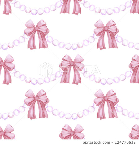 Hand drawn watercolor red bow with pearls seamless pattern isolated on white background. Can be used for textile, fabric scrapbook and other printed products. 124776632