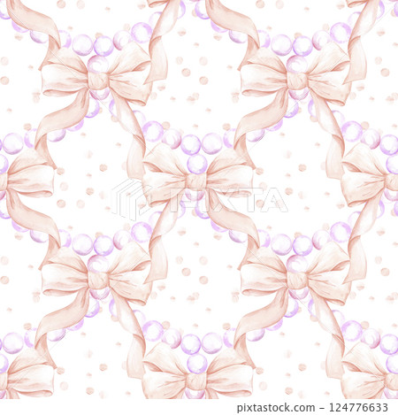 Hand drawn watercolor pink bow pearls and confetti seamless pattern isolated on white background. Can be used for textile, fabric scrapbook and other printed products. 124776633