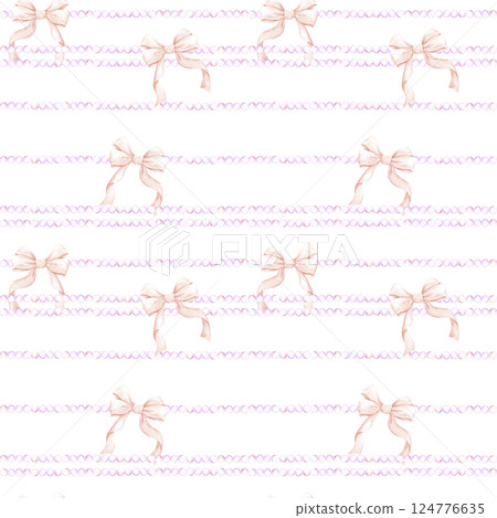Hand drawn watercolor pearls string and bow seamless pattern isolated on white background. Can be used for textile, fabric scrapbook and other printed products. Hand drawn watercolor pearls string and bow seamless pattern isolated on white background. Can be used for textile, fabric scrapbook and other printed products. 124776635