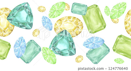 Hand drawn watercolor gemstones Aquamarine zircon peridot seamless border isolated on white background. Can be used for textile, postcard, scrapbook and other printed products. Hand drawn watercolor gemstones Aquamarine zircon peridot seamless border isolated on white background. Can be used for textile, postcard, scrapbook and other printed products. 124776640