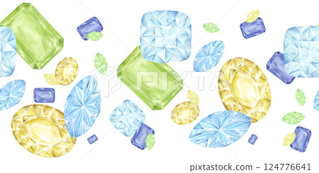 Hand drawn watercolor gemstones Aquamarine zircon peridot seamless border isolated on white background. Can be used for textile, postcard, scrapbook and other printed products. Hand drawn watercolor gemstones Aquamarine zircon peridot seamless border isolated on white background. Can be used for textile, postcard, scrapbook and other printed products. 124776641