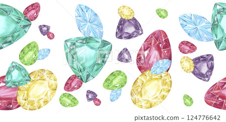 Hand drawn watercolor gemstones Aquamarine zircon peridot ruby seamless border isolated on white background. Can be used for textile, postcard, scrapbook and other printed products. Hand drawn watercolor gemstones Aquamarine zircon peridot ruby seamless border isolated on white background. Can be used for textile, postcard, scrapbook and other printed products. 124776642
