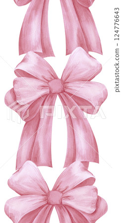 Hand drawn watercolor red bows seamless border isolated on white background. Can be used for textile, postcard, scrapbook and other printed products. 124776643