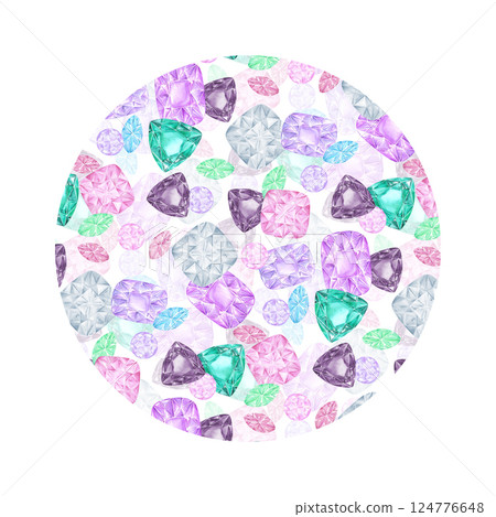 Hand drawn watercolor gemstones round frame border. Aquamarine zircon sapphire isolated on white background. Can be used for postcard, label and other printed products. Hand drawn watercolor gemstones round frame border. Aquamarine zircon sapphire isolated on white background. Can be used for postcard, label and other printed products. 124776648