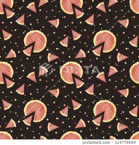 Hand drawn watercolor pumpkin pie seamless pattern. Illustration of food isolated on dark background. Can be used for textile, fabric, scrapbook and other printed products. 124776669