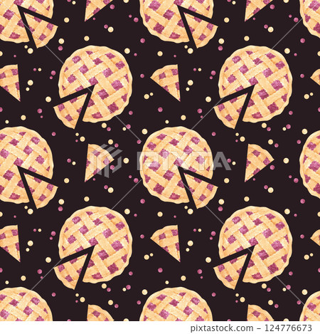 Hand drawn watercolor berry pie seamless pattern. Illustration of food isolated on dark background. Can be used for textile, fabric, scrapbook and other printed products. 124776673
