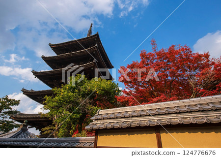 Yasaka pagoda of Hokanji temple and autumn maple leaf, Kyoto 124776676