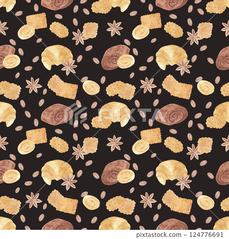 Hand drawn watercolor croissants buns cookies with coffee beans seamless pattern isolated on dark background. Can be used for textile, fabric, scrapbook and other printed products. 124776691