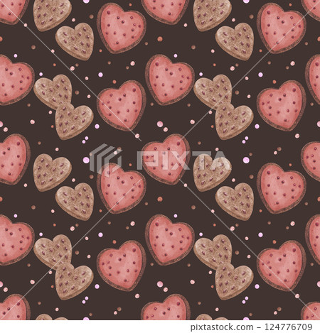 Hand drawn watercolor heart biscuits with confetti seamless pattern isolated on dark background. Can be used for textile, fabric, scrapbook and other printed products. Hand drawn watercolor heart biscuits with confetti seamless pattern isolated on dark background. Can be used for textile, fabric, scrapbook and other printed products. 124776709