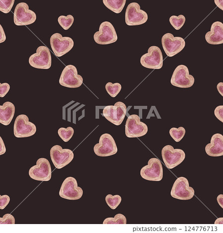 Hand drawn watercolor heart biscuits with jam seamless pattern isolated on dark background. Can be used for textile, fabric, scrapbook and other printed products. 124776713