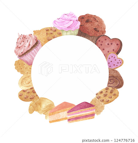 Hand drawn watercolor bakery frame border. Illustration of food isolated on white background. Can be used for postcard, album, scrapbook and other printed products. 124776716