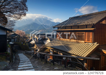 Magome juku preserved town in springtime, Kiso valley, Japan Magome juku preserved town in springtime, Kiso valley, Japan 124776728