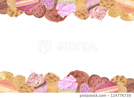 Hand drawn watercolor bakery frame border. Illustration of food isolated on white background. Can be used for postcard, album, scrapbook and other printed products. Hand drawn watercolor bakery frame border. Illustration of food isolated on white background. Can be used for postcard, album, scrapbook and other printed products. 124776739