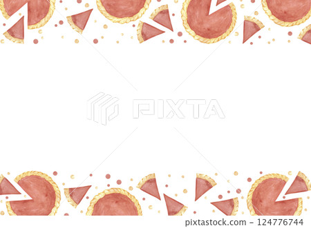 Hand drawn watercolor pumpkin pie and polka-dot frame border. Illustration of food isolated on white background. Can be used for postcard, album, scrapbook and other printed products. 124776744