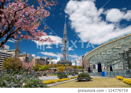 Odori park by Oasis 21 and TV tower with pink sakura, Nagoya Odori park by Oasis 21 and TV tower with pink sakura, Nagoya 124776759