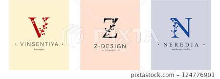 Logo V, capital letter Z, N. Monogram of Botanical Minimalistic, Initial. 124776901