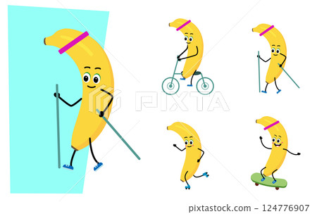 Cute Banana character. sport - cycling, nordic walking, scooter. skateboard, swimming. 124776907