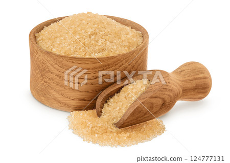 The brown sugar in wooden bowl and scoop isolated on white background 124777131