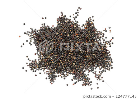 black quinoa seeds isolated on white background. Top view. Flat lay black quinoa seeds isolated on white background. Top view. Flat lay 124777143
