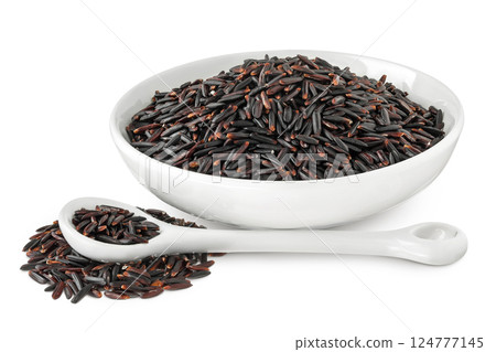 Black rice in ceramic bowl and spoon isolated on white background with full depth of field Black rice in ceramic bowl and spoon isolated on white background with full depth of field 124777145