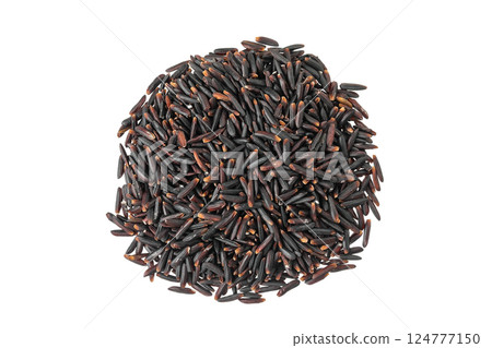 Black wild rice isolated on white background close up. Top view. Flat lay Black wild rice isolated on white background close up. Top view. Flat lay 124777150