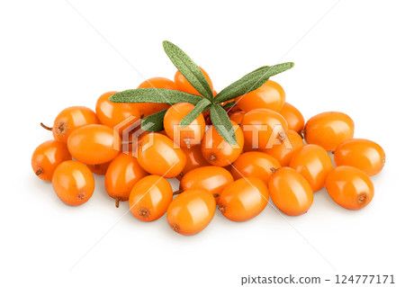 Sea buckthorn. Fresh ripe berry with leaves isolated on white background macro Sea buckthorn. Fresh ripe berry with leaves isolated on white background macro 124777171