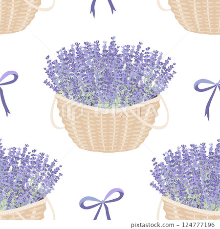 Cute seamless pattern with blue bows and lavender flowers baskets. Provence background with big bunches of fresh lavandula. Vector isolated illustration. Cute seamless pattern with blue bows and lavender flowers baskets. Provence background with big bunches of fresh lavandula. Vector isolated illustration. 124777196