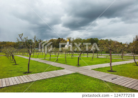 Early spring in Michurin's Apple orchard in Moscow Early spring in Michurin's Apple orchard in Moscow 124777258