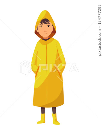 People wait for public transport. Young guy in yellow raincoat wait. Cartoon flat vector illustration 124777293