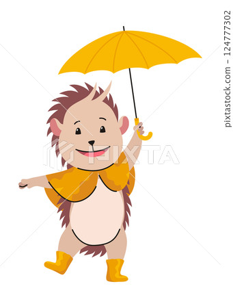Lovely hedgehog with umbrella. Cute funny wild forest animal. Prickly cartoon character. Vector isolated illustration 124777302