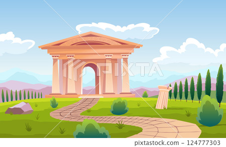 Greek or roman building landscape. European architecture. Famous ancient architecture. Summer landscape with historical landmark. Cartoon outdoor museum flat vector illustration 124777303