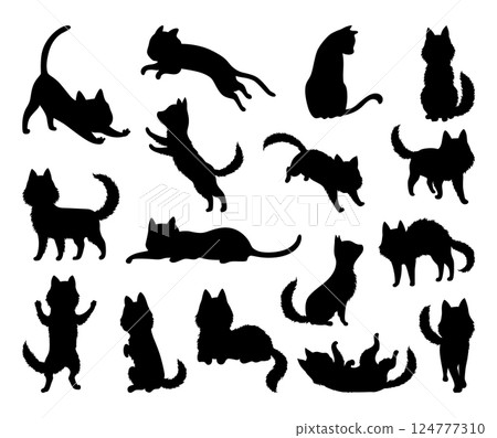 Cat silhouette set. Black cat shapes isolated on white background. Hand drawn illustration, flat design. Vector kitty in different poses 124777310