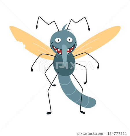 Cartoon mosquito, funny character. Bloodsucker insect, color flat icon. Cute mosquito isolated vector illustration 124777311