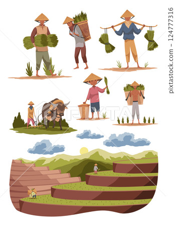 Collection of asian farmers in straw conical hat. Asia rural culture. Chinese farmers carrying yields rice harvest on his shoulders and in hands. Vector cartoon illustration Collection of asian farmers in straw conical hat. Asia rural culture. Chinese farmers carrying yields rice harvest on his shoulders and in hands. Vector cartoon illustration 124777316