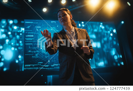 woman is speaking about technologies woman is speaking about technologies 124777439