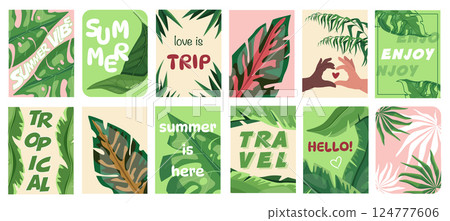 Tropical summer vibe cover typography template for posters, prints. Minimalistic banners set with jungle leaves and green monstera, tropic palms, couple in summertime travel. Vector illustration. 124777606