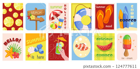 Summer beach cover typography template for posters, prints. Minimalistic banners set with summertime sea travel, surfboards, seashells, watermelon, cocktail, ice cream, other. Vector illustration. Summer beach cover typography template for posters, prints. Minimalistic banners set with summertime sea travel, surfboards, seashells, watermelon, cocktail, ice cream, other. Vector illustration. 124777611