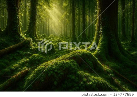 Mossy forest with sunlight streaming in Mossy forest with sunlight streaming in 124777699