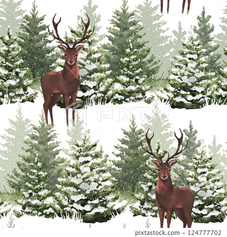 Hand drawn seamless pattern with deer in coniferous forest. Illustration for wallpaper, textile, Christmas wrapping paper, card, print etc. Hand drawn seamless pattern with deer in coniferous forest. Illustration for wallpaper, textile, Christmas wrapping paper, card, print etc. 124777702