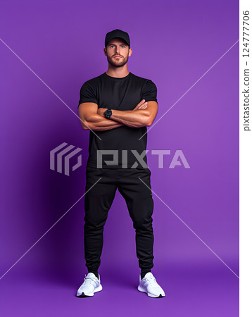 young athletic guy stands in sportswear with folded hands in full growth against bright background 124777706