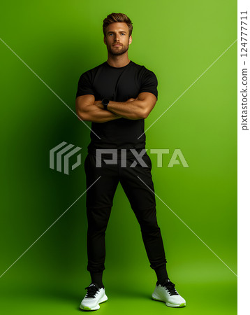 young athletic guy stands in sportswear with folded hands in full growth against bright background 124777711