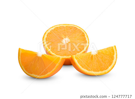 Half and slice of sweet orange on white background Half and slice of sweet orange on white background 124777717
