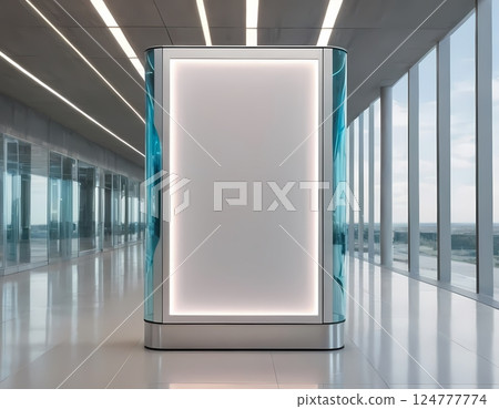Blank advertising billboard mockup in modern glass corridor for branding and marketing 124777774