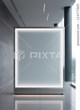 Blank advertising billboard mockup in modern glass corridor for branding and marketing 124777805