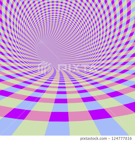 Multicolored Checkered Tunnel Creating a Vortex Illusion with Vibrant Patterns. 3D rendering. 124777816