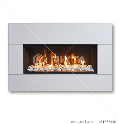 Modern electric fireplace with visible flames isolated on white background 124777950
