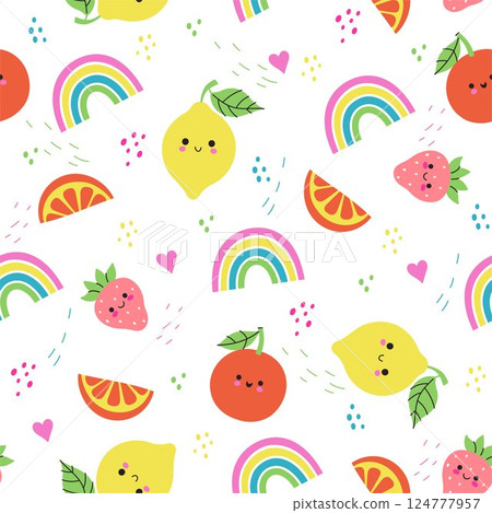 Seamless pattern with cute fruits and rainbows. Vector graphics. Seamless pattern with cute fruits and rainbows. Vector graphics. 124777957