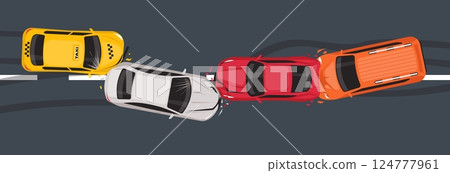 Big car accident. Passenger automobiles on highway top view. Transports danger collision. Auto traffic. Broken vehicles. Wrecked sedans. Street crash. Smashed machines. Vector concept 124777961