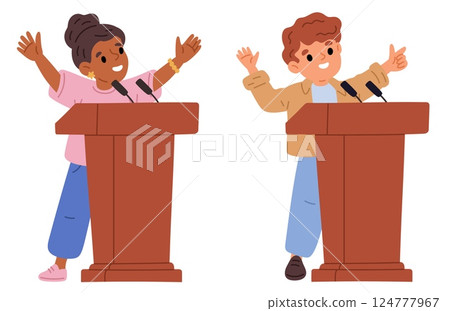 Boy and girl standing behind wooden bollard. Forum perform stage. Children speaking from stands. Young public speakers. Kids discussion at tribunes with microphones. Vector concept 124777967